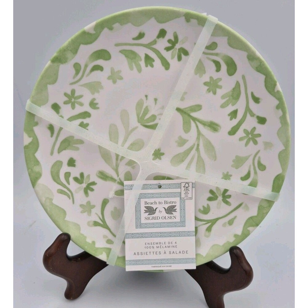 Sigrid Olsen Beach To Bistro Green Floral Scroll MELAMINE Salad Plates Set Of 4